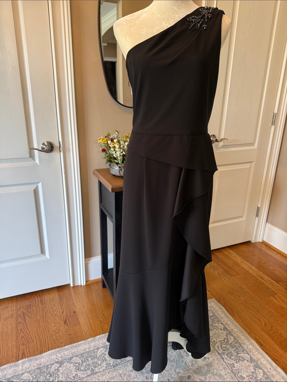 Papell Studio Black Beaded One Shoulder Ruffle Mermaid Gown 12